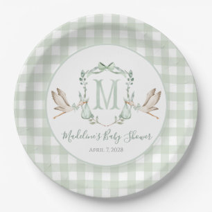 Preppy Southern Green Stork Baby Shower Paper Plate