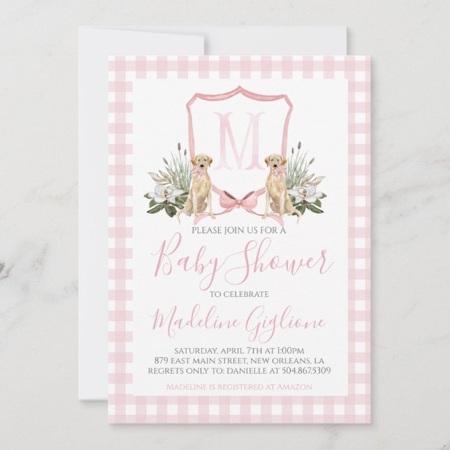 Preppy Southern Pink Dog Girl Baby Shower Invitation (Front)