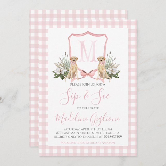 Preppy Southern Pink Dog Girl Sip & See Invitation (Front/Back)