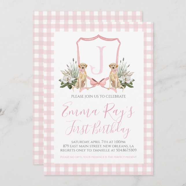 Preppy Southern Pink Girl Dog first Birthday Invitation (Front/Back)