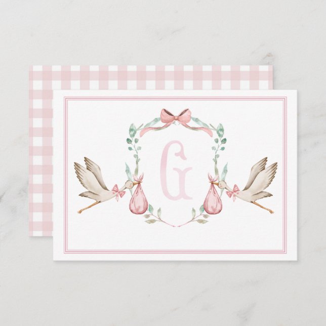 Preppy Southern Pink Girl Stork Thank You Card (Front/Back)