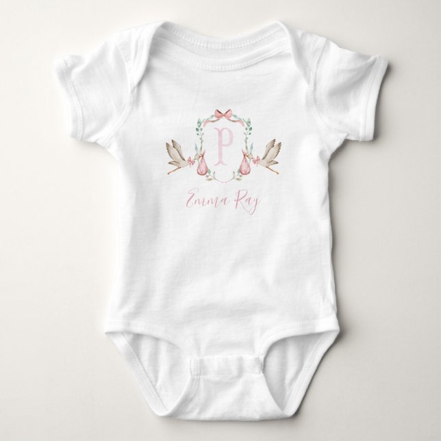 Preppy Southern Pink Stork Girl Baby Shower Bodysuit (Front)