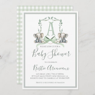 Preppy Southern Sage Boy Elephant Baby Shower Invitation