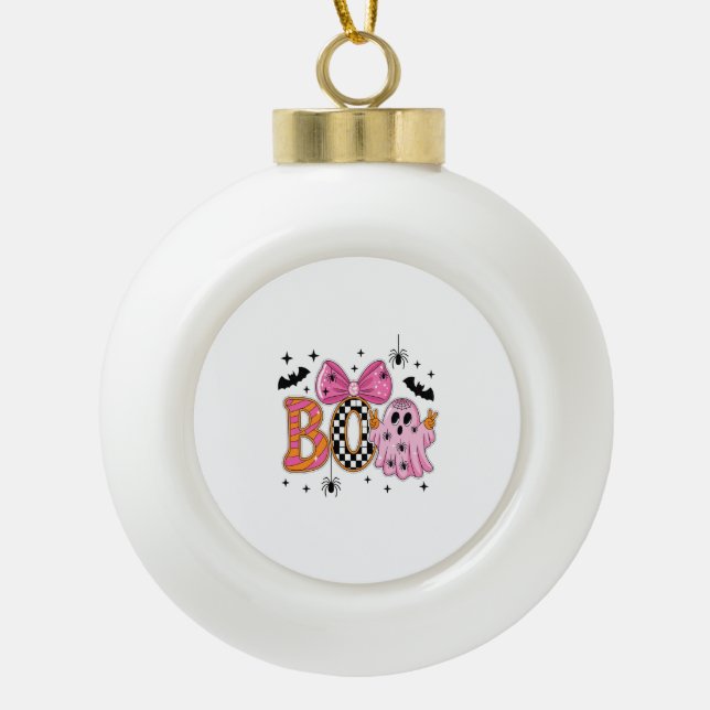 Preppy Spooky Halloween Boo Ceramic Ball Christmas Ornament (Front)