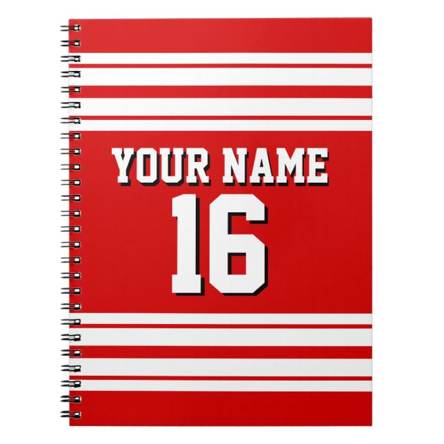 Preppy Sporty Red with White Stripes Team Jersey Notebook (Front)