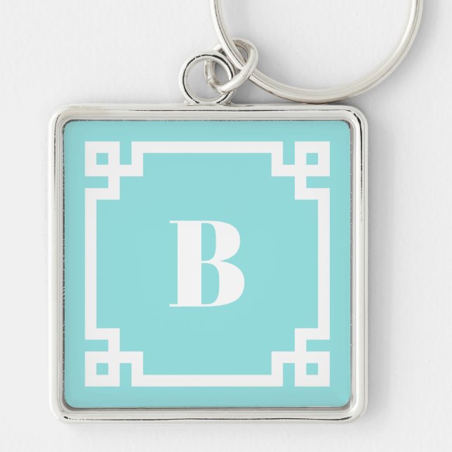 Preppy Square Greek Key Border Aqua Blue Monogram Key Ring (Front)