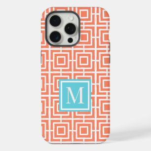 Preppy Square Lattice Monogram  Coral & Turqouise iPhone 15 Pro Max Case