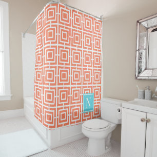 Preppy Square Lattice Monogram – Coral & Turquoise Shower Curtain