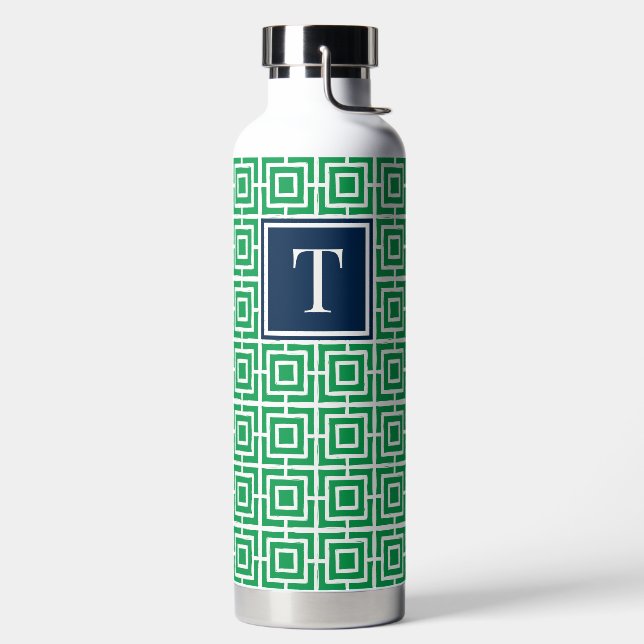 Preppy Square Lattice Monogram - Green & Navy Water Bottle (Left)