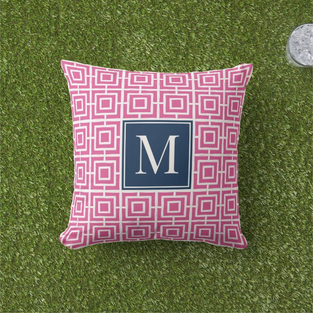 Preppy Square Lattice Monogram – Hot Pink & Navy Cushion (Grass)