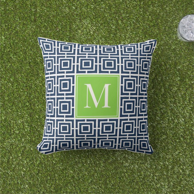 Preppy Square Lattice Monogram – Navy & Lime Cushion (Grass)