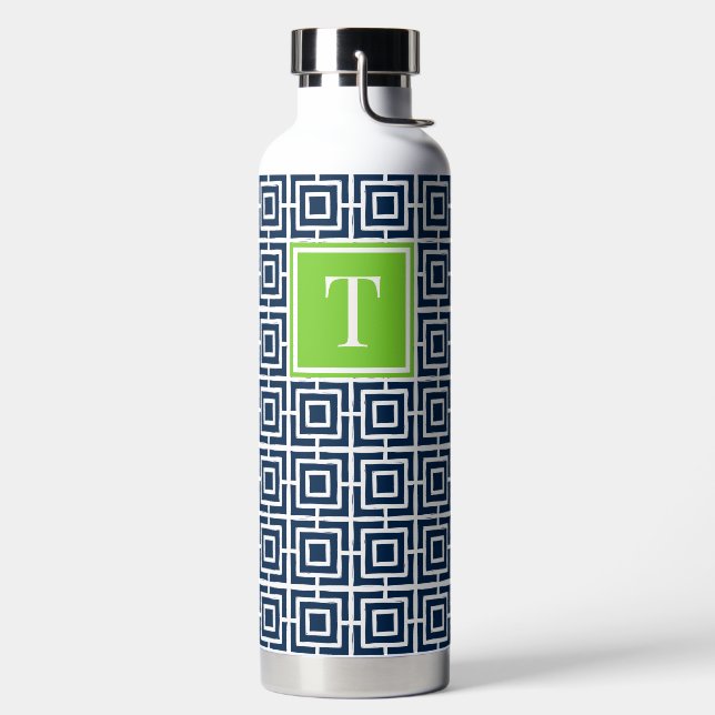 Preppy Square Lattice Monogram – Navy & Lime Water Bottle (Left)