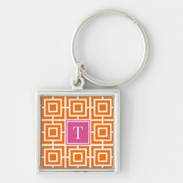 Preppy Square Lattice Monogram  Orange & Hot Pink Key Ring (Front)
