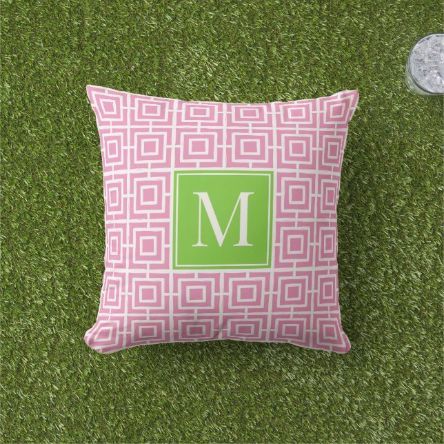 Preppy Square Lattice Monogram – Pink & Lime Cushion (Grass)