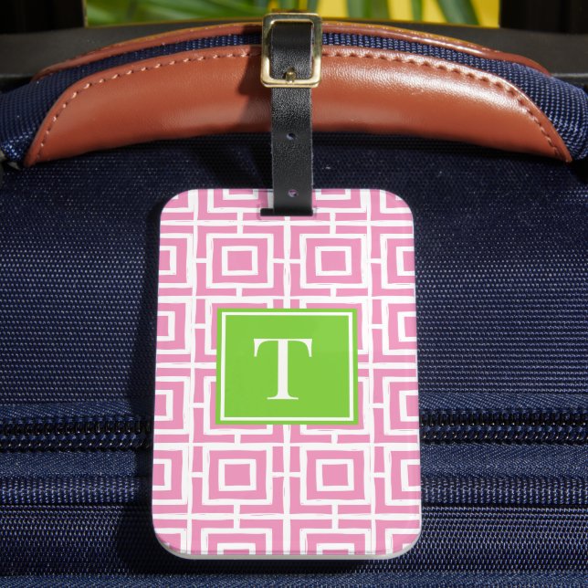 Preppy Square Lattice Monogram – Pink & Lime Luggage Tag (Front Insitu 2)