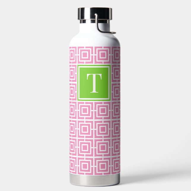 Preppy Square Lattice Monogram – Pink & Lime Water Bottle (Left)