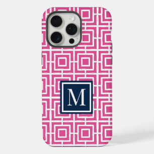 Preppy Square Lattice Monogram – Pink & Navy iPhone 15 Pro Max Case