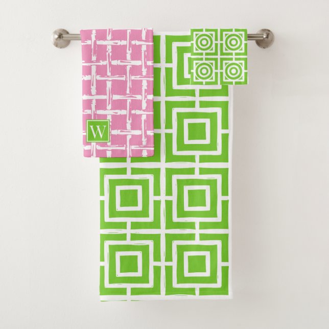 Preppy Square Lattice - Pink & Lime Green Monogram Bath Towel Set (Insitu)