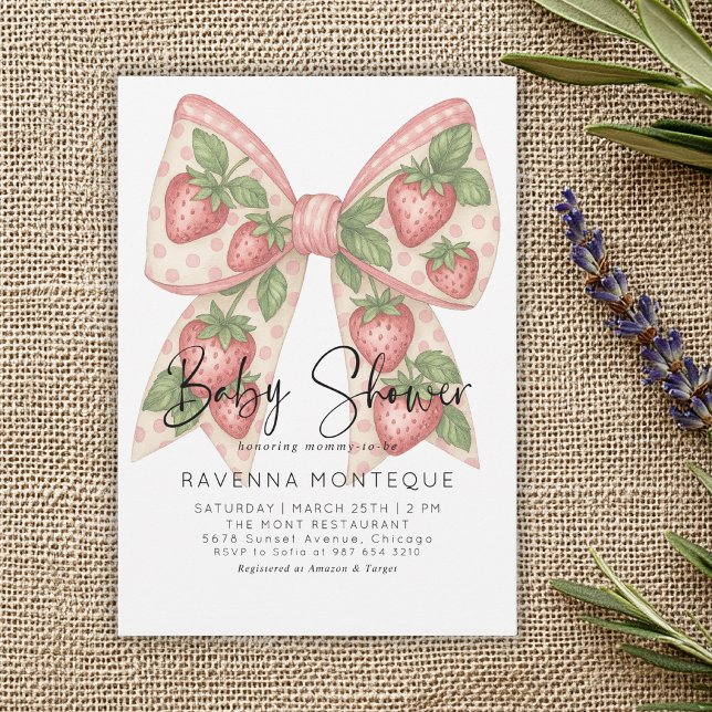 Preppy Strawberry Bow Personalised Baby Shower  Invitation (Creator Uploaded)
