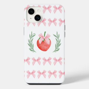 Preppy Strawberry Pink Gingham Bows Laurel Wreath iPhone 14 Plus Case