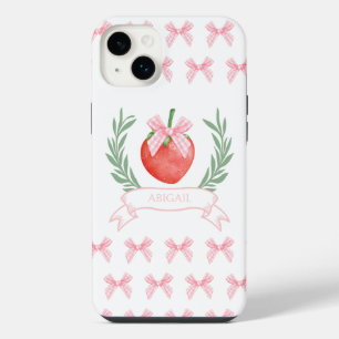 Preppy Strawberry Pink Gingham Bows Personalised iPhone 14 Plus Case