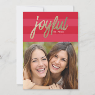 Preppy Stripe Faux Foil Joyful Holiday Photo Card