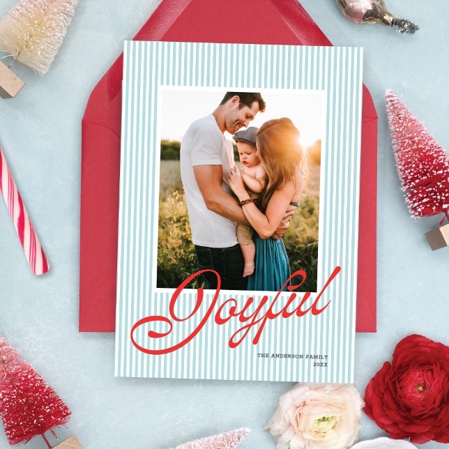 Preppy Stripe Lt. Blue Red Retro Christmas Photo Holiday Card (Creator Uploaded)