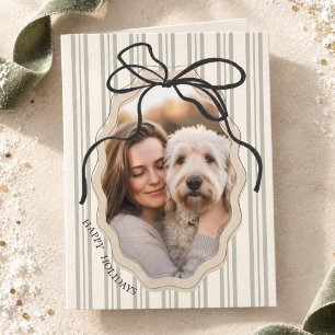 Preppy Striped Bow Goldendoodle Holiday Card