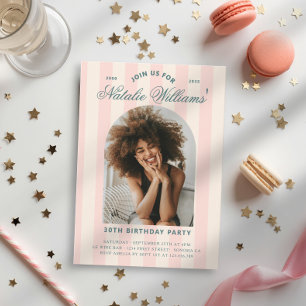Preppy Stripes 30th Birthday Party Photo Pink  Invitation