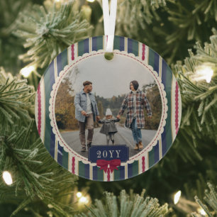 Preppy Stripes Burgundy Bow Round Photo Christmas Glass Tree Decoration