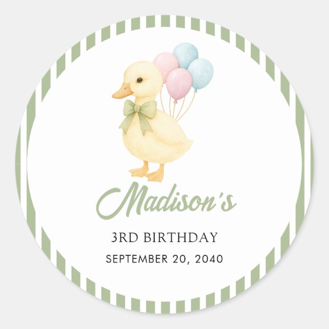 Preppy Stripes Cute Duck Theme Kids Birthday Party Classic Round Sticker (Front)