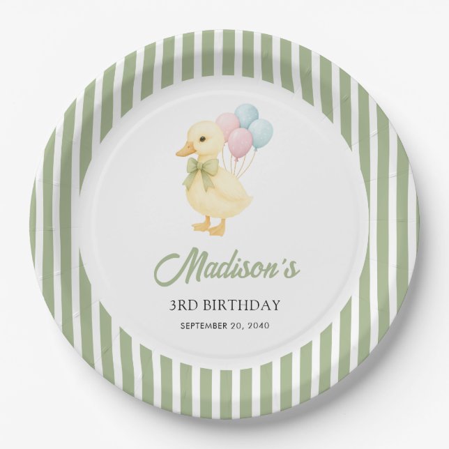 Preppy Stripes Cute Duck Theme Kids Birthday Party Paper Plate (Front)