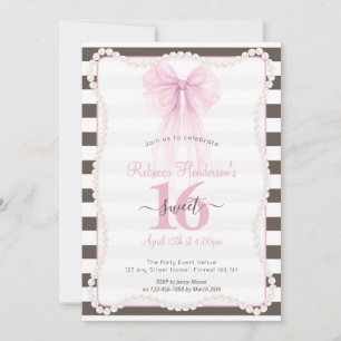 Preppy Stripes Pink Bow Pearls Sweet 16 Invitation