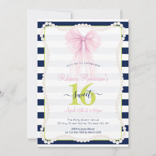 Preppy Stripes Pink Bow Pearls Sweet 16 Invitation