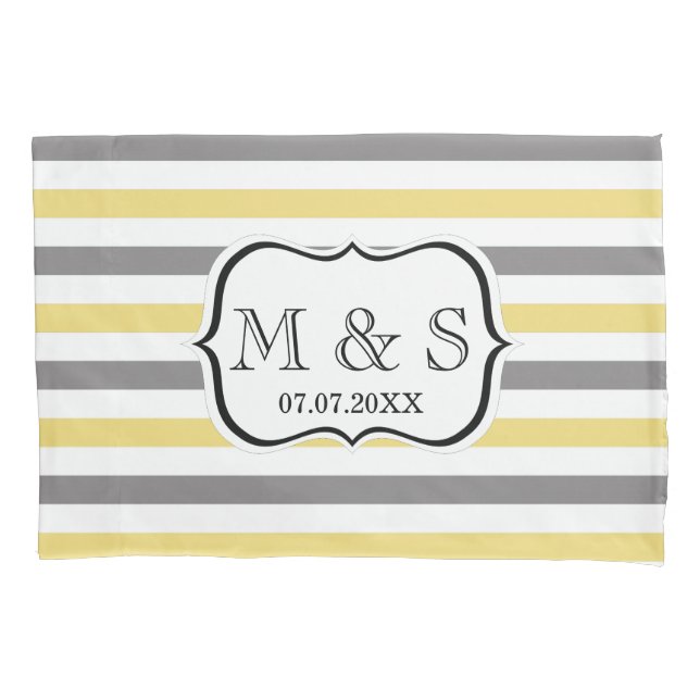 Preppy Stripes Wedding Custom Monogram Initials Pillowcase (Front)