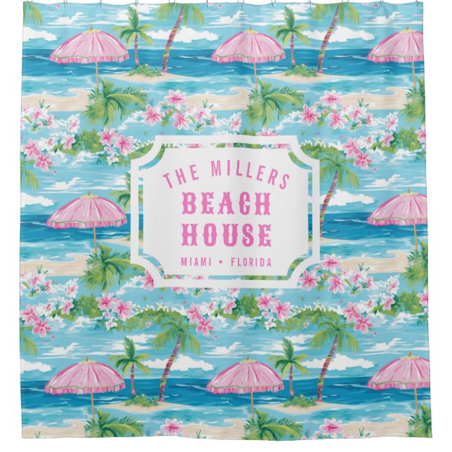 Preppy Summer Beach Umbrella | Beach House Shower Curtain (Front)