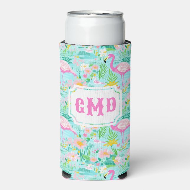 Preppy Summer Flamingo | Monogram  Seltzer Can Cooler (Seltzer Front)