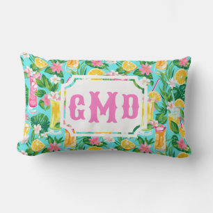 Preppy Summer Tropical Cocktails Monogram Lumbar Cushion