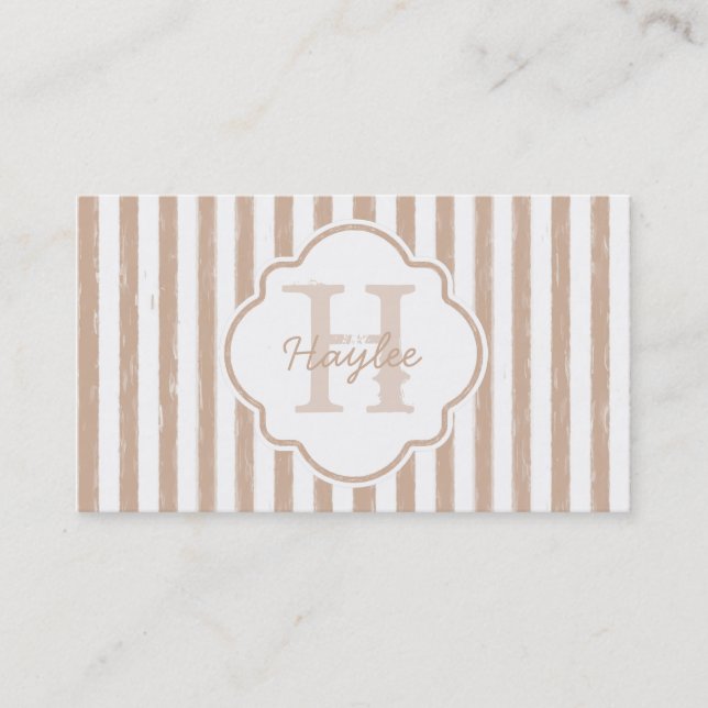 Preppy Tan Painted Stripes Monogram and Name Business Card (Front)