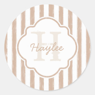 Preppy Tan Painted Stripes Monogram and Name Classic Round Sticker