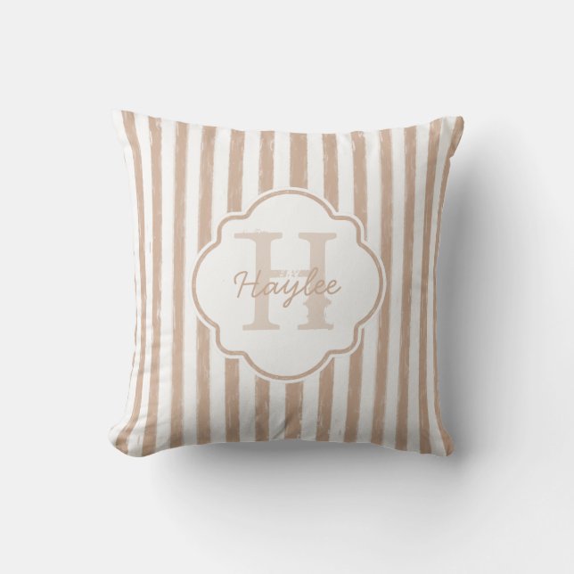 Preppy Tan Painted Stripes Monogram and Name Cushion (Front)