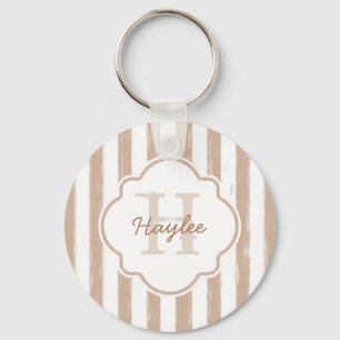 Preppy Tan Painted Stripes Monogram and Name Key Ring