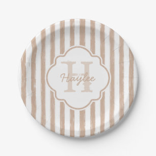 Preppy Tan Painted Stripes Monogram and Name Paper Plate