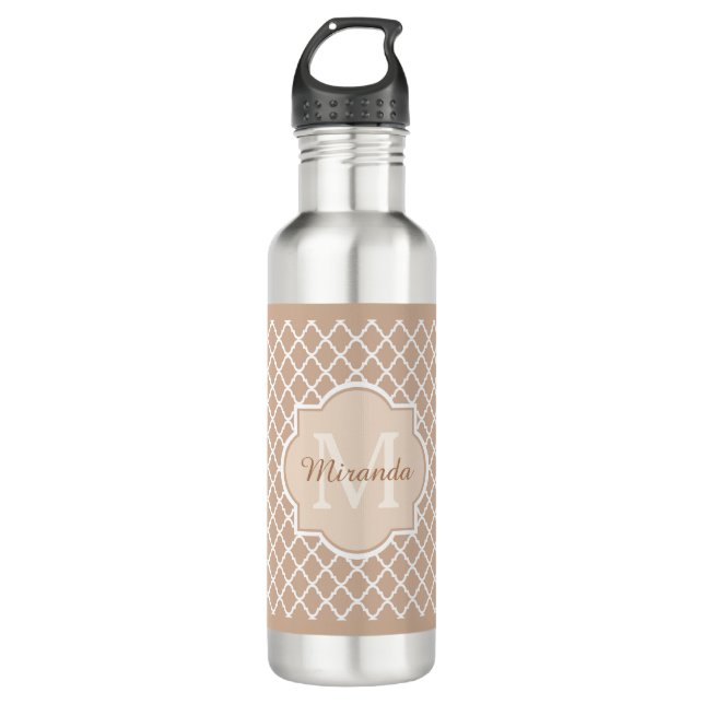 Preppy Tan Quatrefoil Mongogram With Name 710 Ml Water Bottle (Front)