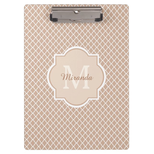 Preppy Tan Quatrefoil Mongogram With Name Clipboard (Front)