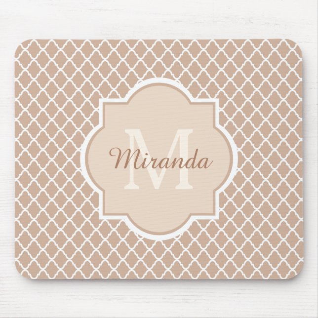 Preppy Tan Quatrefoil Mongogram With Name Mouse Pad (Front)