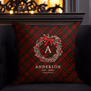 Preppy Tartan Holiday Wreath Monogram & Name Cushion