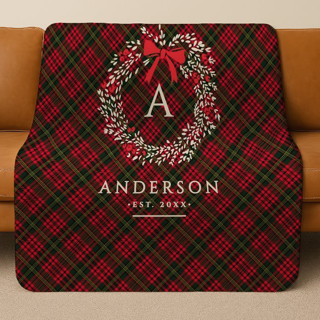 Preppy Tartan Holiday Wreath Monogram & Name Sherpa Blanket (Creator Uploaded)