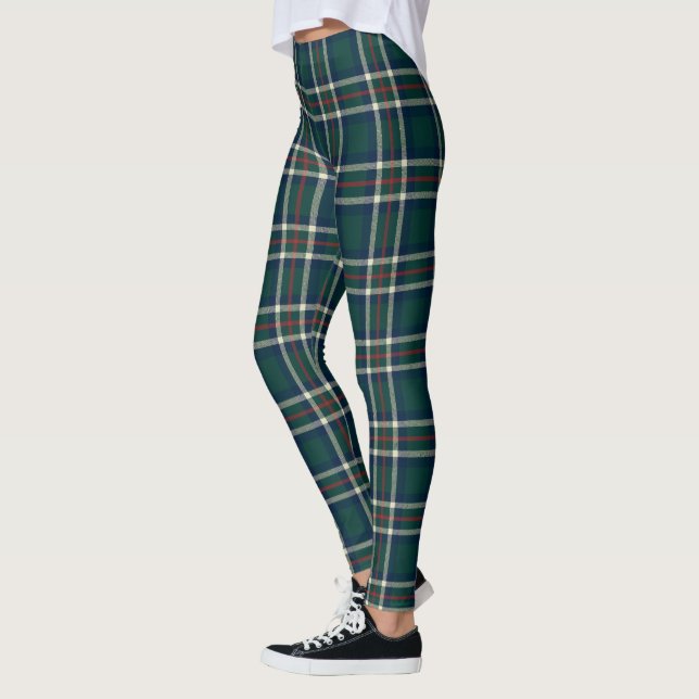 Preppy Tartan Plaid Green Navy Christmas  Leggings (Left)
