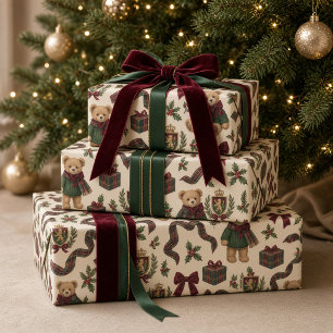 Preppy Tartan Teddy Bear Burgundy Bow Christmas Wrapping Paper
